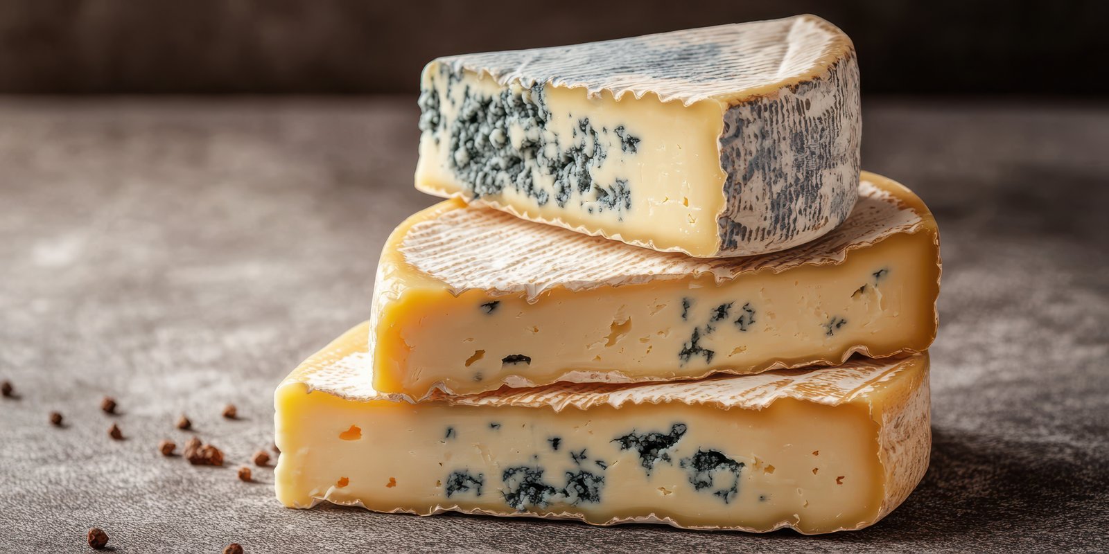 Three distinct cheese varieties stacked on a textured surface with subtle spices scattered around